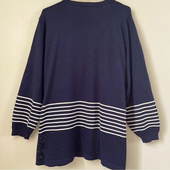 CJ Banks Preppy Navy White Striped Open Front Laser Cut Cardigan Sweater SZ 3X - Picture 3 of 10